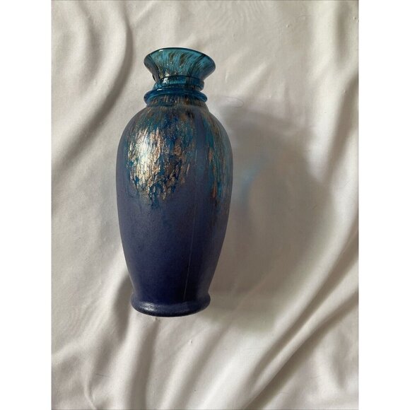 Handmade Blue & Gold Art Glass Vase With Textured Design - Decorative Accent Pie - Picture 5 of 14
